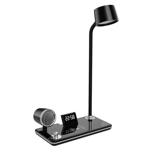 עמדת טעינה אלחוטית משולבת עם רמקול BT, מנורת לילה ושעון שחור