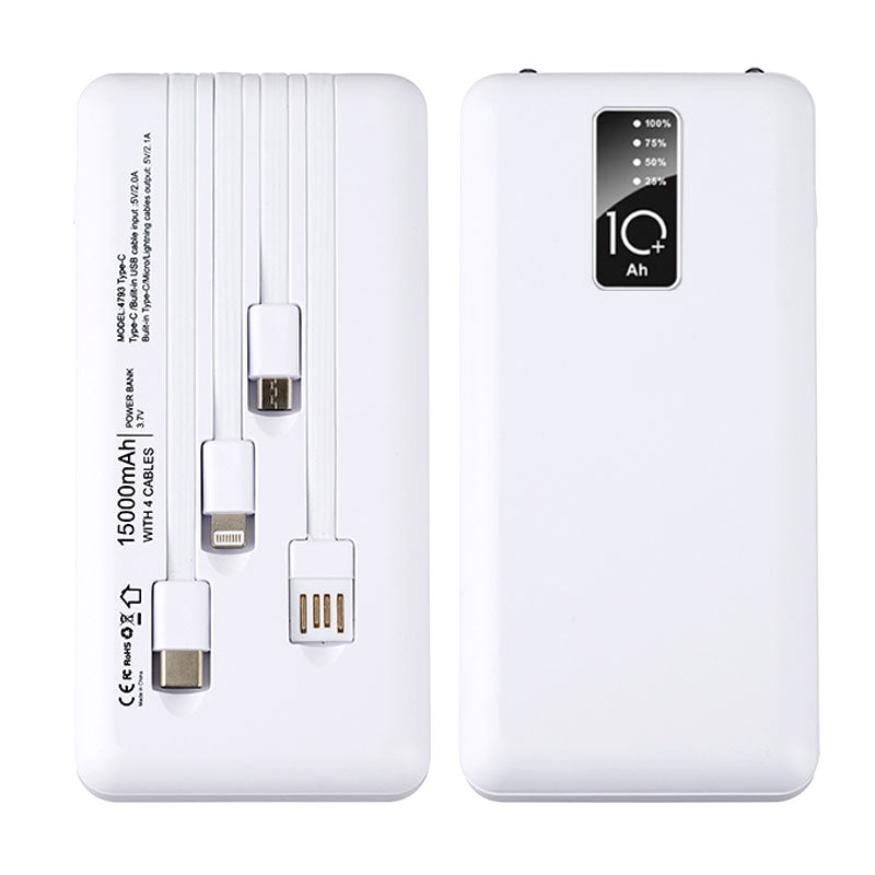 מטען נייד 15,000 mAh עם כבלים מובנים