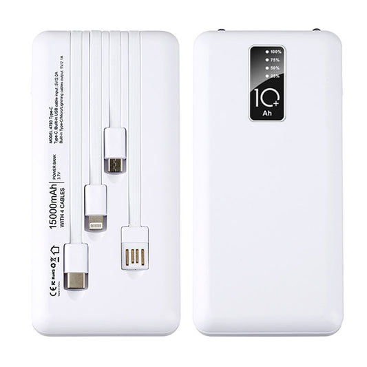 מטען נייד 15,000 mAh עם כבלים מובנים