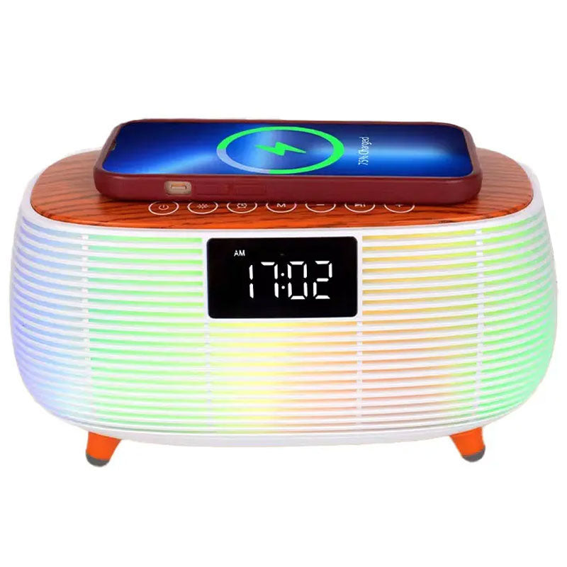 רמקול בלוטוס עם משטח טעינה אלחוטי ושעון