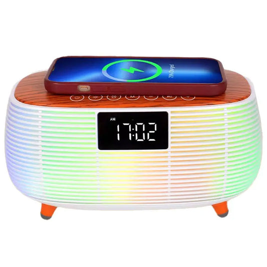 רמקול בלוטוס עם משטח טעינה אלחוטי ושעון