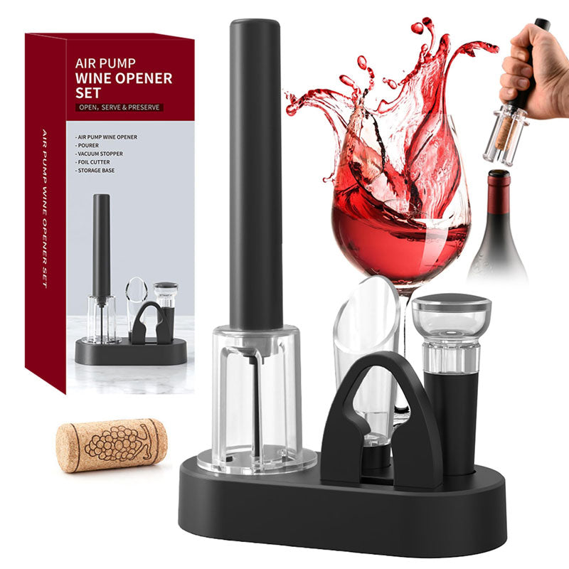 סט אביזרי יין ופותחן פנאומטי ומעמד תואם