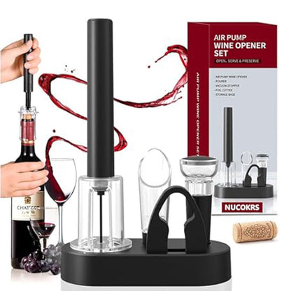 סט אביזרי יין ופותחן פנאומטי ומעמד תואם
